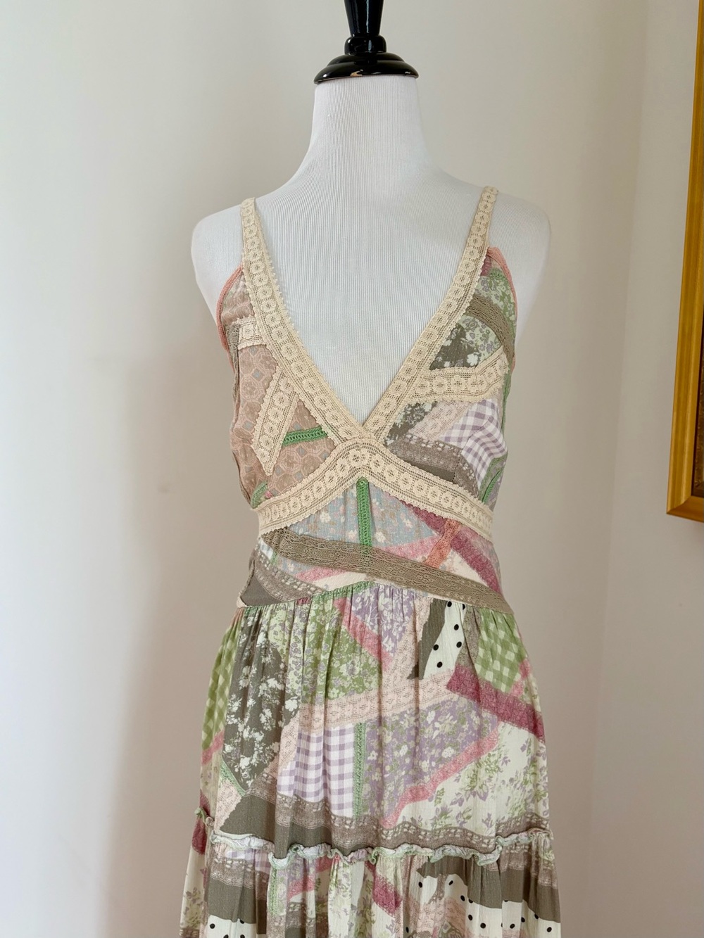 Anthropologie LetMeBe Boho Patchwork Lace Trim Halter Maxi Dress